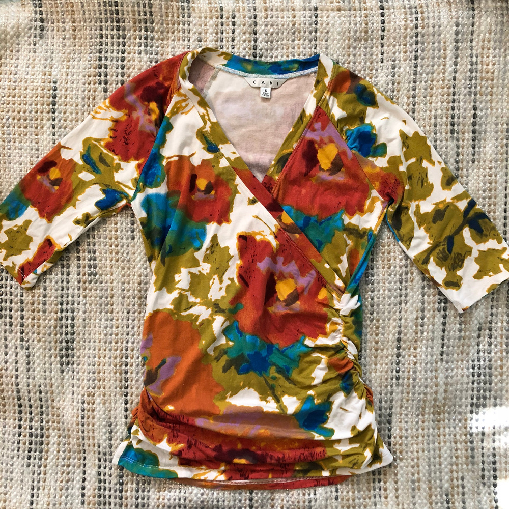 CAbi Faux Wrap 3/4 Sleeve Floral Blouse